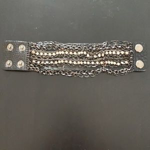 Leather cuff bracelet with multi-strand chain detail & snap closure